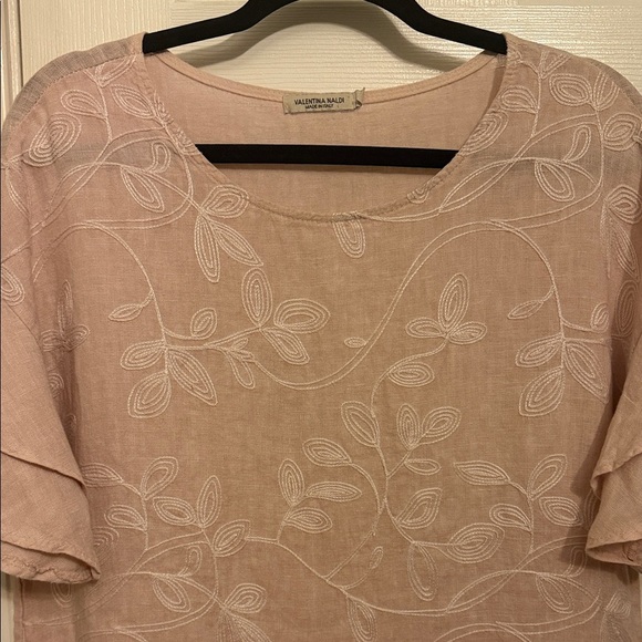 Elegant Floral Soft Pink Blouse 100% Linen #94 - Picture 2 of 8